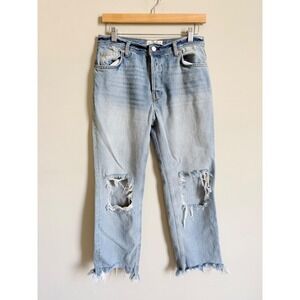 We The Free Free People Distressed Straight Leg Jeans Light Wash Raw Hem 26